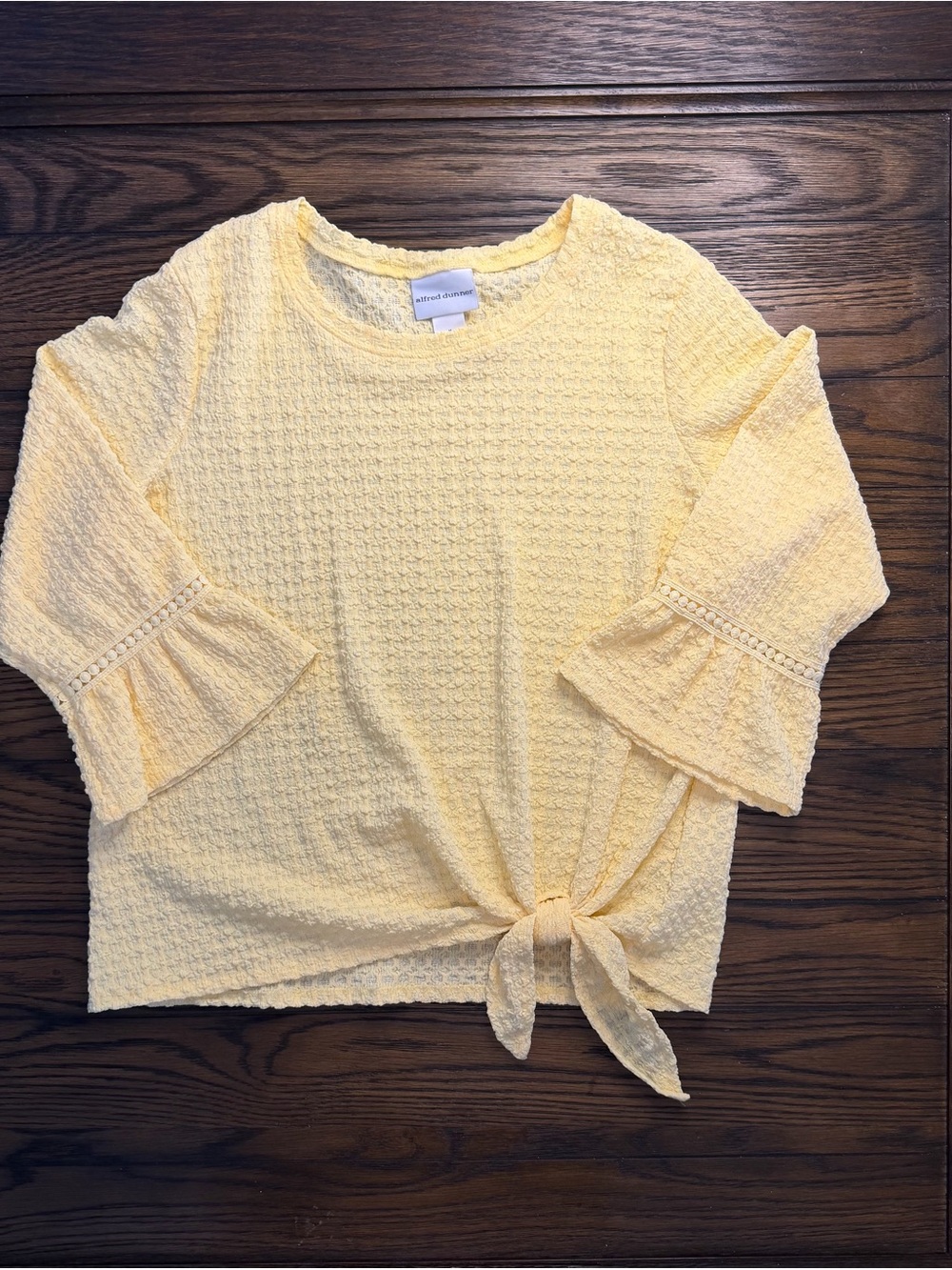 Alfred Dunner Pale Yellow Textured Tie-Front Bell Sleeve Top